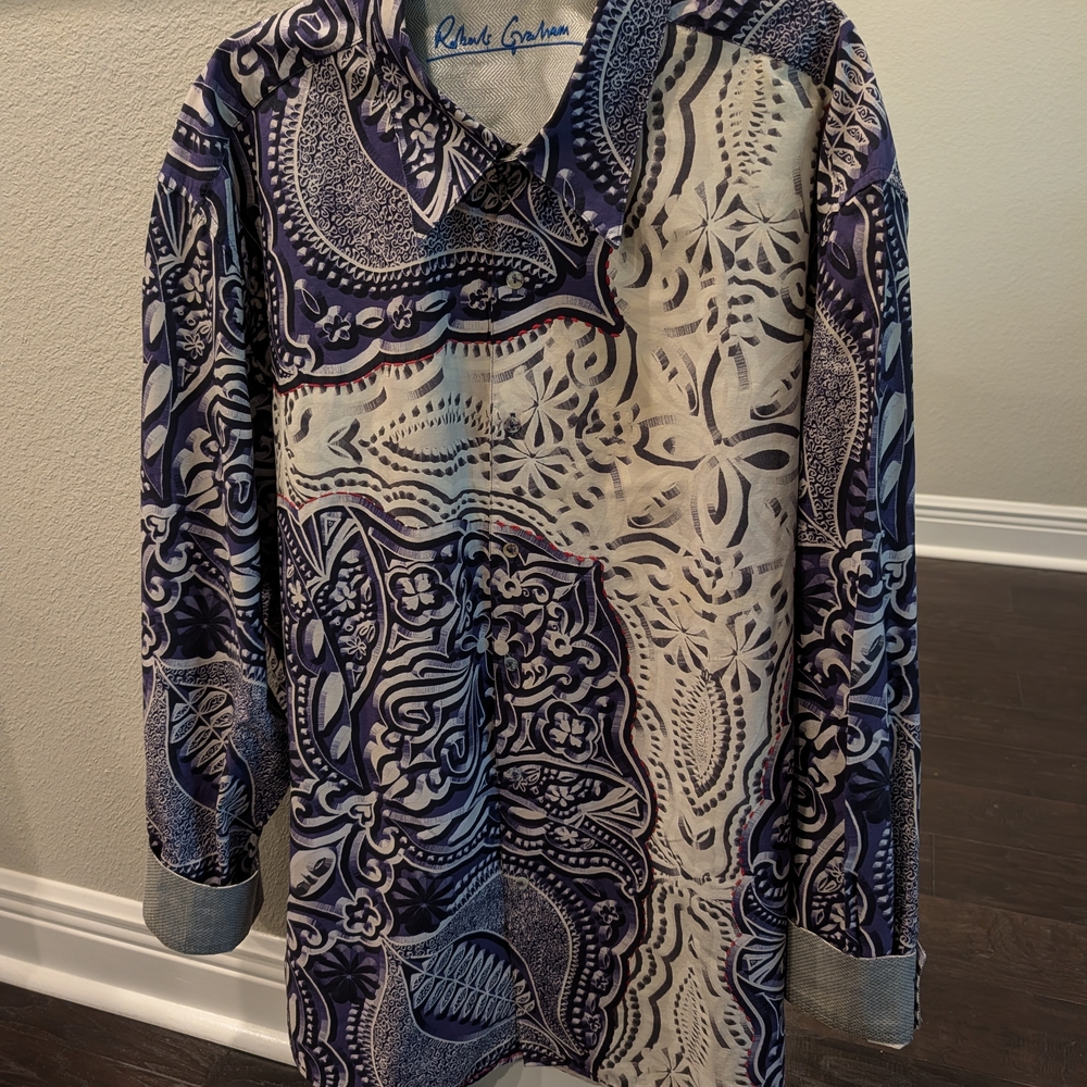 ROBERT GRAHAM Blue and Cream Paisley With Embroidered Red And Black Stiching